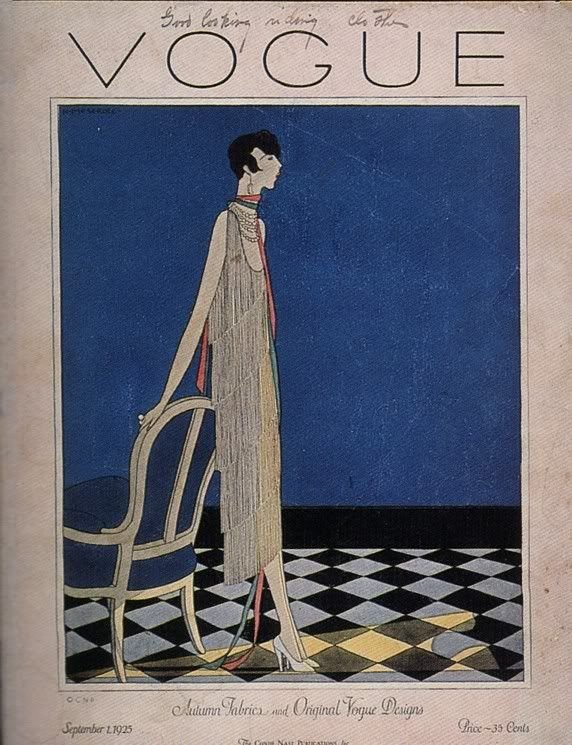Naslovnica časopisa Vogue iz 1925. sa ilustracijom flaperke u haljini sa resama